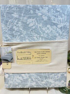 NICOLE MILLER Artelier BLUE FLORAL COTTON LINEN Vintage WASHED Queen DUVET Set